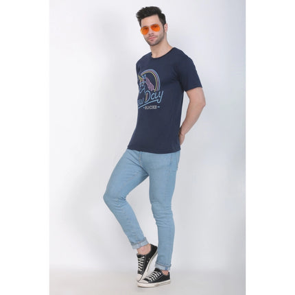 Rosolly Men's Cotton Jersey Round Neck Printed Tshirt (Navy)