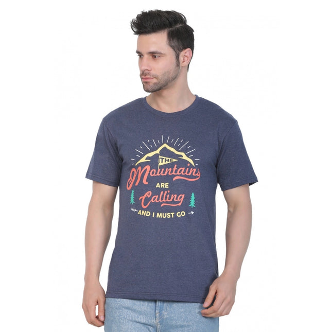 Rosolly Men's Cotton Jersey Round Neck Printed Tshirt (Blue Melange)