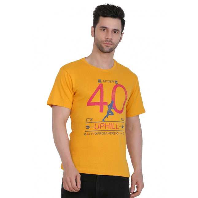 Rosolly Men's Cotton Jersey Round Neck Printed Tshirt (Mustard Yellow)