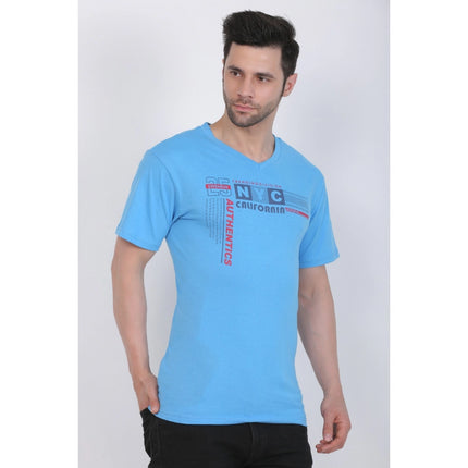 Rosolly Men's Cotton Jersey V Neck Printed Tshirt (Turquoise Blue)