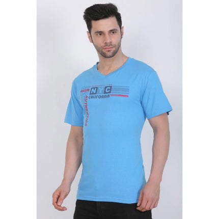 Rosolly Men's Cotton Jersey V Neck Printed Tshirt (Turquoise Blue)