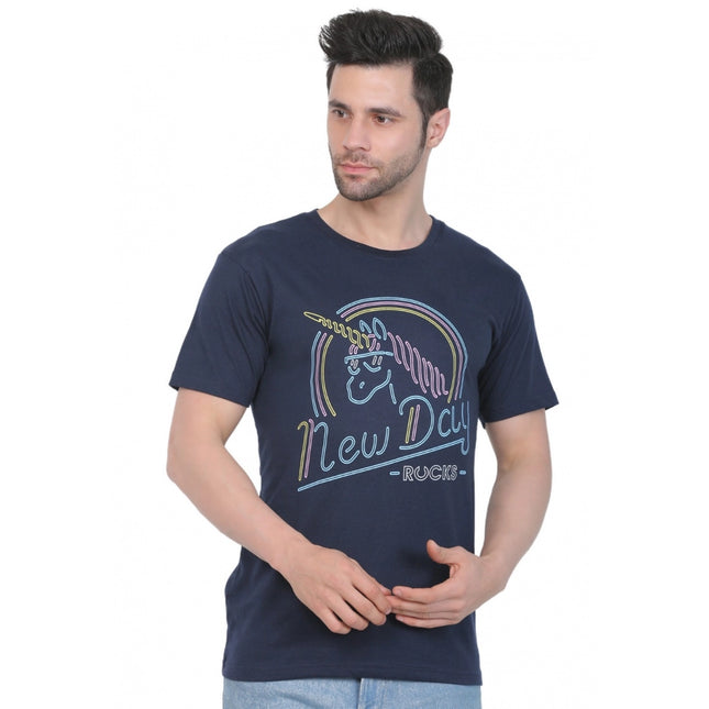 Rosolly Men's Cotton Jersey Round Neck Printed Tshirt (Navy)