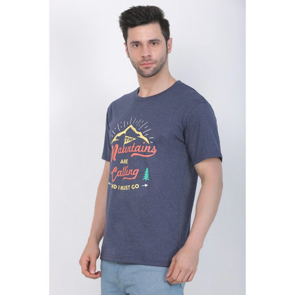 Rosolly Men's Cotton Jersey Round Neck Printed Tshirt (Blue Melange)