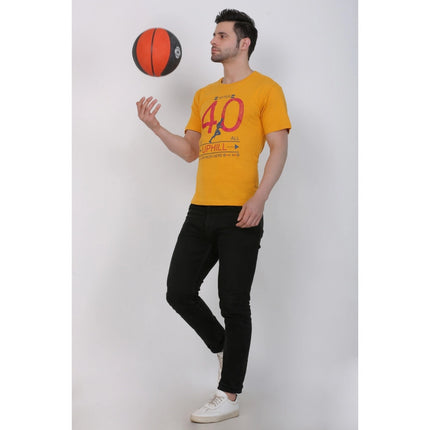 Rosolly Men's Cotton Jersey Round Neck Printed Tshirt (Mustard Yellow)
