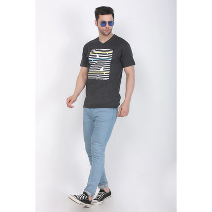 Rosolly Men's Cotton Jersey V Neck Printed Tshirt (Charcoal Melange)