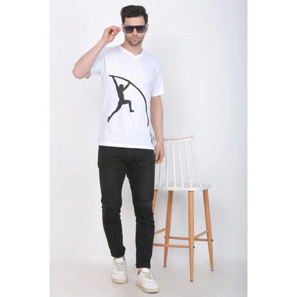 Rosolly Men's Cotton Jersey V Neck Printed Tshirt (White)