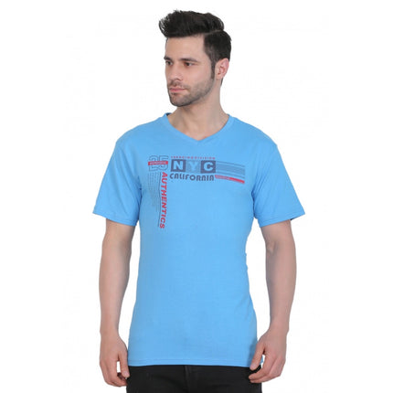 Rosolly Men's Cotton Jersey V Neck Printed Tshirt (Turquoise Blue)