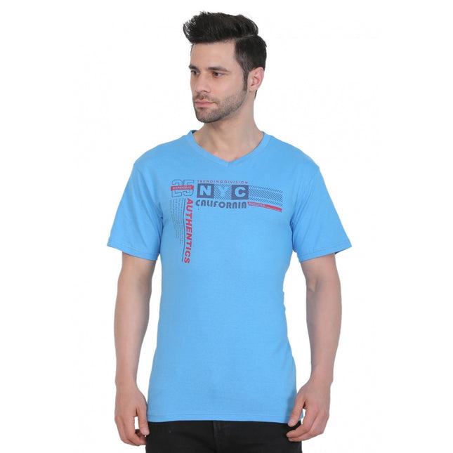 Rosolly Men's Cotton Jersey V Neck Printed Tshirt (Turquoise Blue)