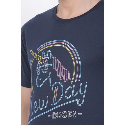 Rosolly Men's Cotton Jersey Round Neck Printed Tshirt (Navy)