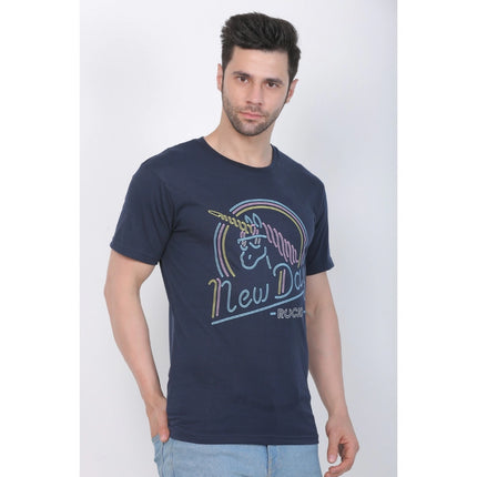 Rosolly Men's Cotton Jersey Round Neck Printed Tshirt (Navy)