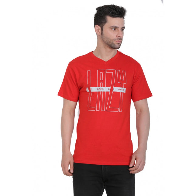 Rosolly Men's Cotton Jersey V Neck Printed Tshirt (Red)