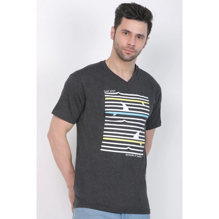 Rosolly Men's Cotton Jersey V Neck Printed Tshirt (Charcoal Melange)