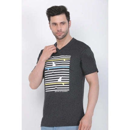 Rosolly Men's Cotton Jersey V Neck Printed Tshirt (Charcoal Melange)