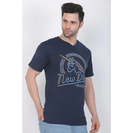 Rosolly Men's Cotton Jersey V Neck Printed Tshirt (Navy)