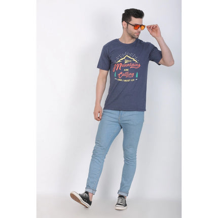 Rosolly Men's Cotton Jersey Round Neck Printed Tshirt (Blue Melange)