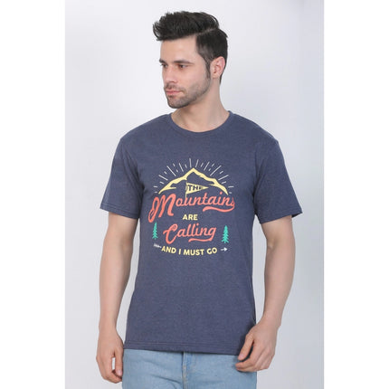 Rosolly Men's Cotton Jersey Round Neck Printed Tshirt (Blue Melange)