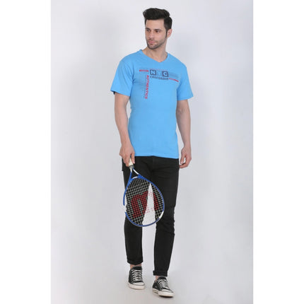 Rosolly Men's Cotton Jersey V Neck Printed Tshirt (Turquoise Blue)