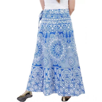 Rosolly Women's Cotton Printed Wrap Around Maxi Skirt (Blue, Free Size)