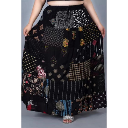 Rosolly Women's Rayon Printed Elastic Skirt (Black, Free Size)