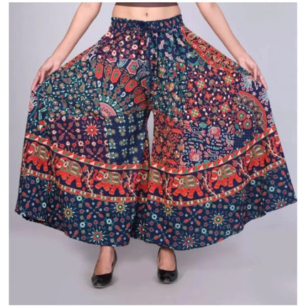 Rosolly Women's Cotton Jaipur Printed Elastic Palazzo Pant (Blue, Free Size)