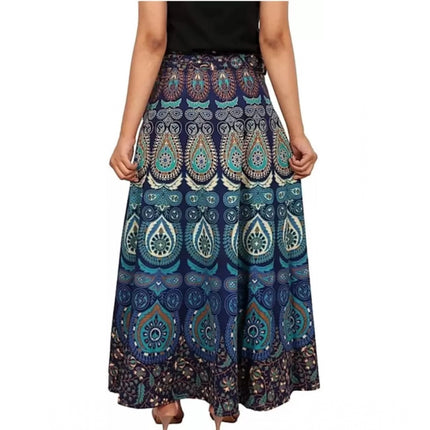 Rosolly Women's Cotton Jaipur Printed Wrap Around Maxi Skirt (Blue, Free Size)