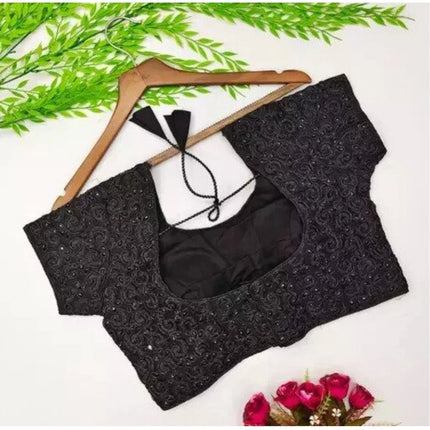 Rosolly Women's Silk Embroidered Padded Cup Readymade Blouse (Black, Size: Free Size)