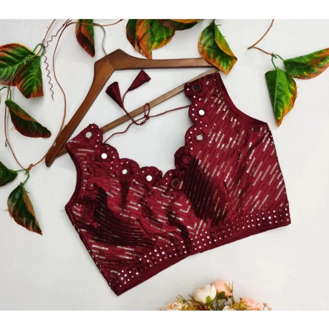Rosolly Women's Cotton Silk Embellished Padded Cup Readymade Blouse (Maroon, Size: Free Size)