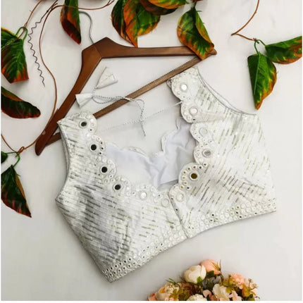 Rosolly Women's Cotton Silk Embellished Padded Cup Readymade Blouse (White, Size: Free Size)