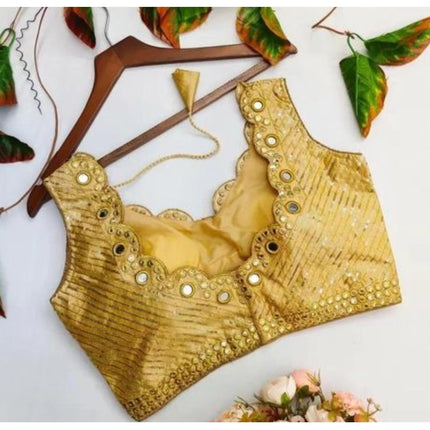 Rosolly Women's Cotton Silk Embellished Padded Cup Readymade Blouse (Gold, Size: Free Size)