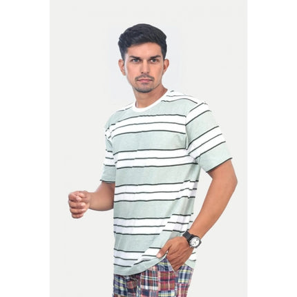Rosolly Men'sÂ Casual Half sleeve Stripped Cotton Crew Neck T-shirt (WhiteÂ )