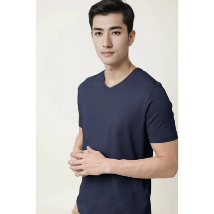 Rosolly Men'sÂ Casual Half sleeve SolidÂ Cotton V Neck T-shirt (Navy)