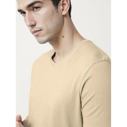 Rosolly Men'sÂ Casual Half sleeve SolidÂ Cotton V Neck T-shirt (Beige)