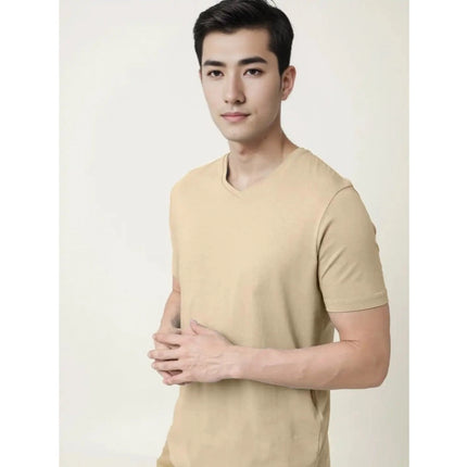 Rosolly Men'sÂ Casual Half sleeve SolidÂ Cotton V Neck T-shirt (Beige)