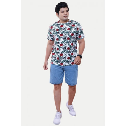 Rosolly Men'sÂ Casual Half sleeve Floral Printed Cotton Crew Neck T-shirt (White)