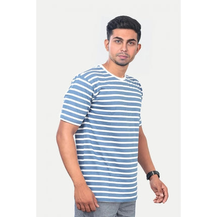 Rosolly Men'sÂ Casual Half sleeve Stripped Cotton Crew Neck T-shirt (Blue)