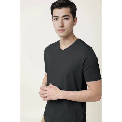 Rosolly Men'sÂ Casual Half sleeve SolidÂ Cotton V Neck T-shirt (Black)