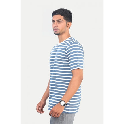Rosolly Men'sÂ Casual Half sleeve Stripped Cotton Crew Neck T-shirt (Blue)