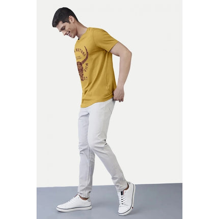 Rosolly Men'sÂ Casual Half sleeve Printed Polyester Crew Neck T-shirt (Mustard)