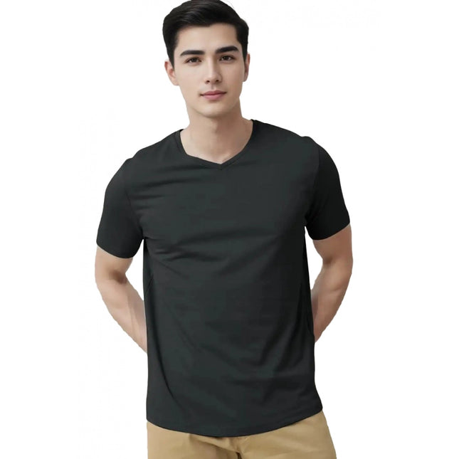 Rosolly Men'sÂ Casual Half sleeve SolidÂ Cotton V Neck T-shirt (Black)