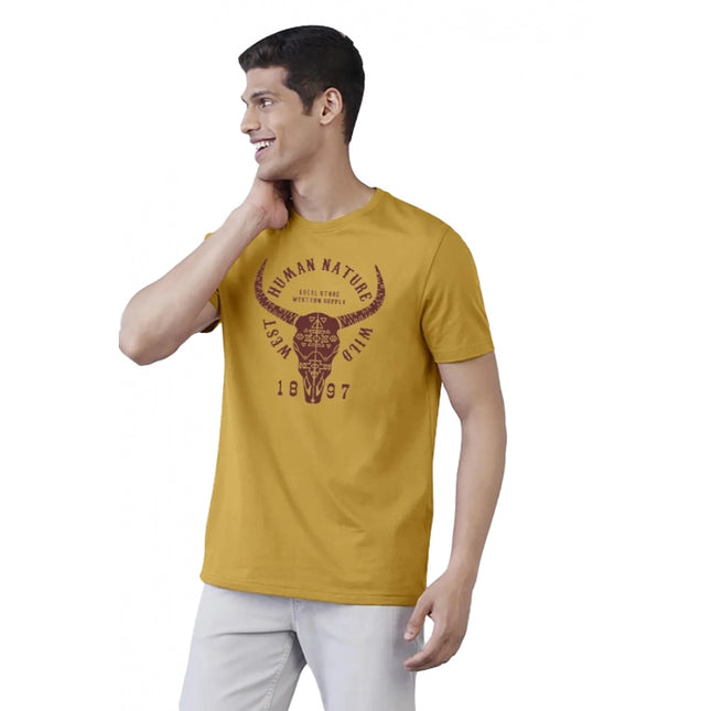 Rosolly Men'sÂ Casual Half sleeve Printed Polyester Crew Neck T-shirt (Mustard)