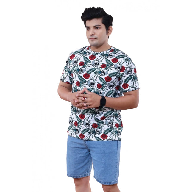 Rosolly Men'sÂ Casual Half sleeve Floral Printed Cotton Crew Neck T-shirt (White)