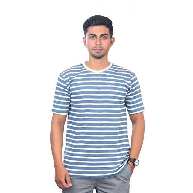 Rosolly Men'sÂ Casual Half sleeve Stripped Cotton Crew Neck T-shirt (Blue)