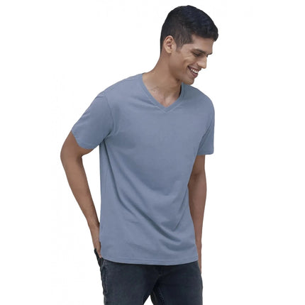 Rosolly Men'sÂ Casual Half sleeve SolidÂ Cotton V Neck T-shirt (Blue)