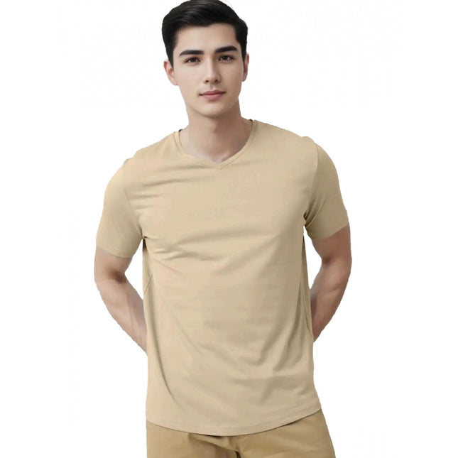 Rosolly Men'sÂ Casual Half sleeve SolidÂ Cotton V Neck T-shirt (Beige)