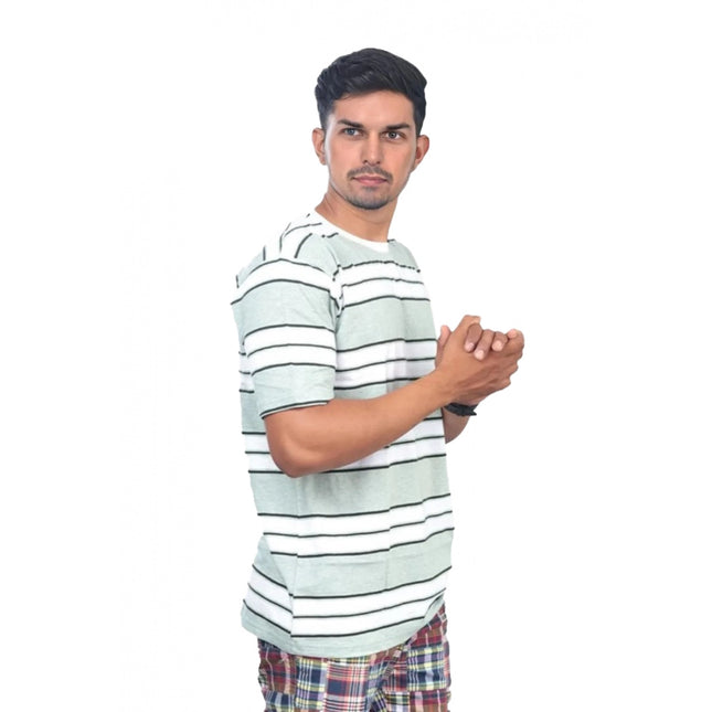 Rosolly Men'sÂ Casual Half sleeve Stripped Cotton Crew Neck T-shirt (WhiteÂ )