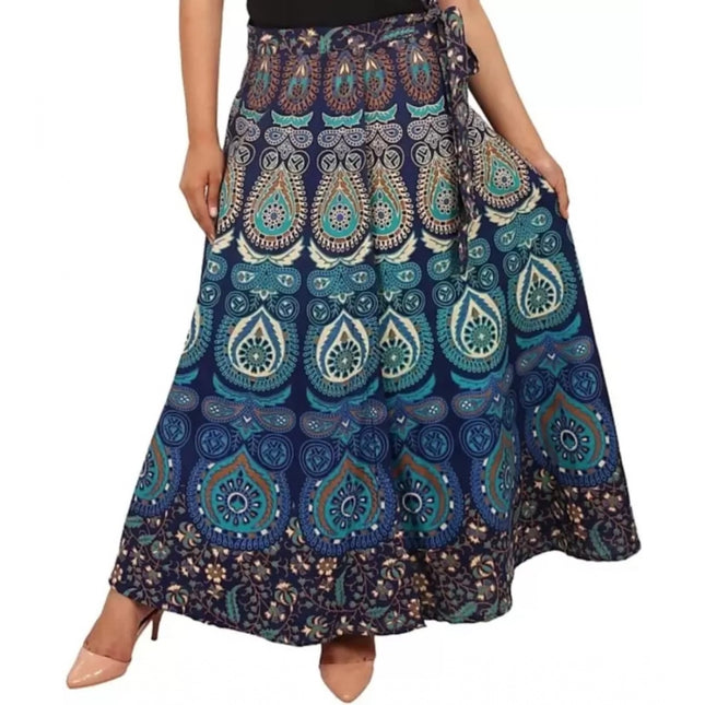 Rosolly Women's Cotton Jaipur Printed Wrap Around Maxi Skirt (Blue, Free Size)
