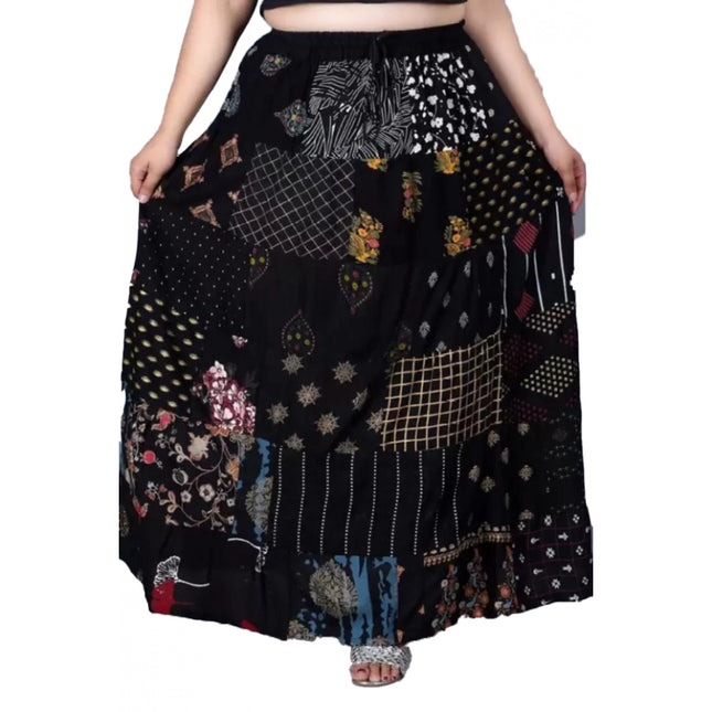 Rosolly Women's Rayon Printed Elastic Skirt (Black, Free Size)