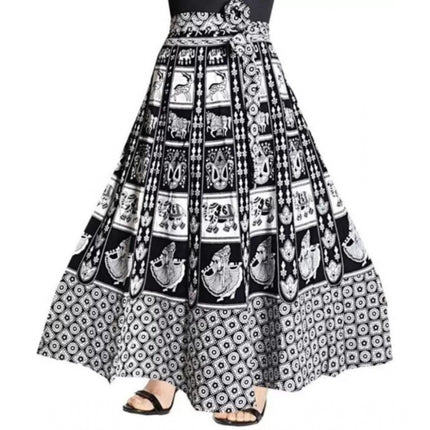 Rosolly Women's Cotton Jaipur Printed Wrap Around Maxi Skirt (Black, Free Size)