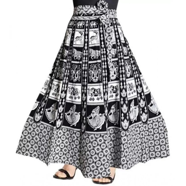 Rosolly Women's Cotton Jaipur Printed Wrap Around Maxi Skirt (Black, Free Size)