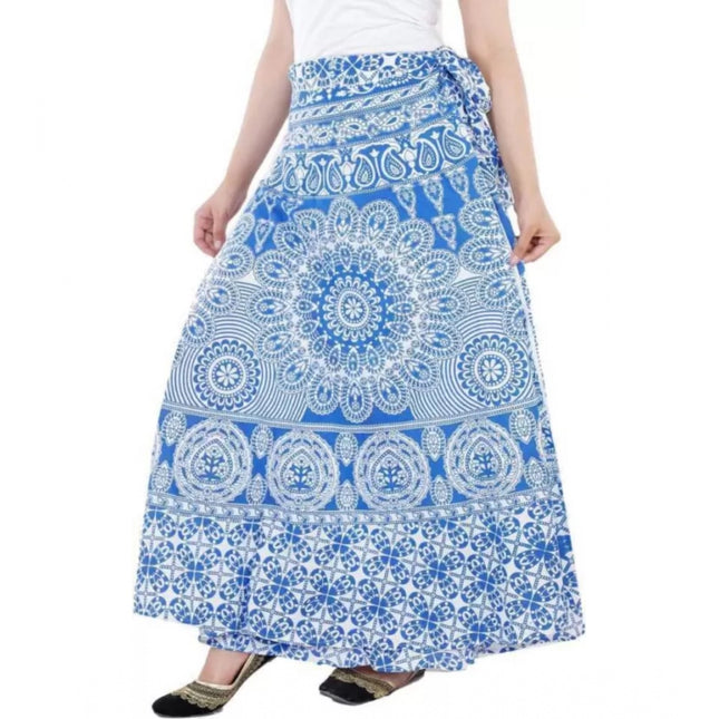 Rosolly Women's Cotton Printed Wrap Around Maxi Skirt (Blue, Free Size)